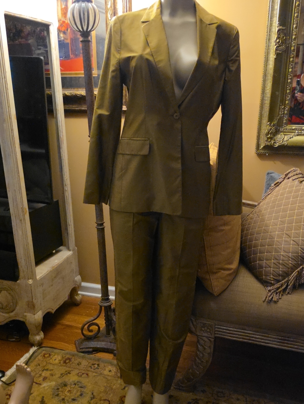 All Silk Olive Green Women's Three-Piece Pant Suit.